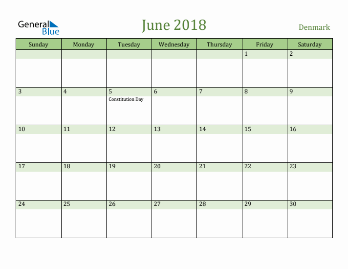 June 2018 Calendar with Denmark Holidays