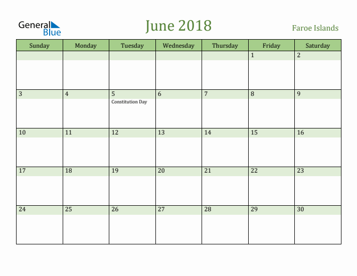 June 2018 Calendar with Faroe Islands Holidays