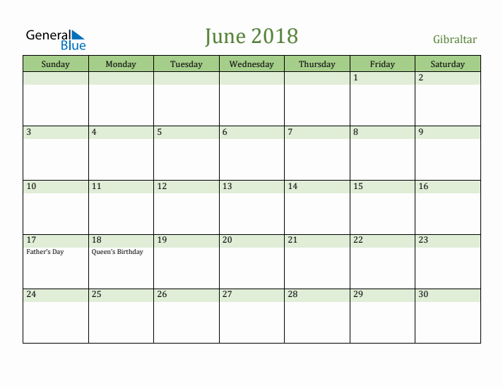 June 2018 Calendar with Gibraltar Holidays