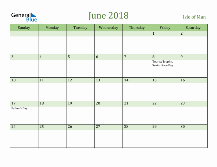 June 2018 Calendar with Isle of Man Holidays