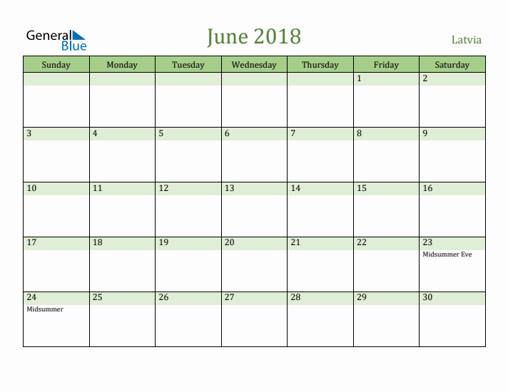 June 2018 Calendar with Latvia Holidays