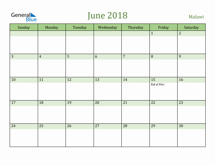 June 2018 Calendar with Malawi Holidays