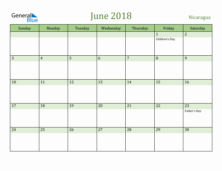 June 2018 Calendar with Nicaragua Holidays