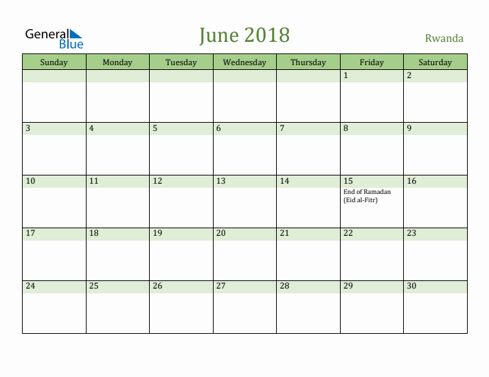 June 2018 Calendar with Rwanda Holidays