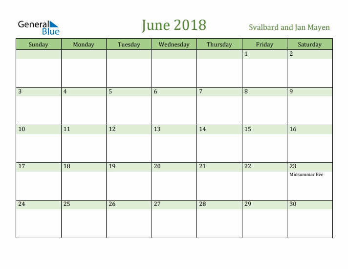 June 2018 Calendar with Svalbard and Jan Mayen Holidays