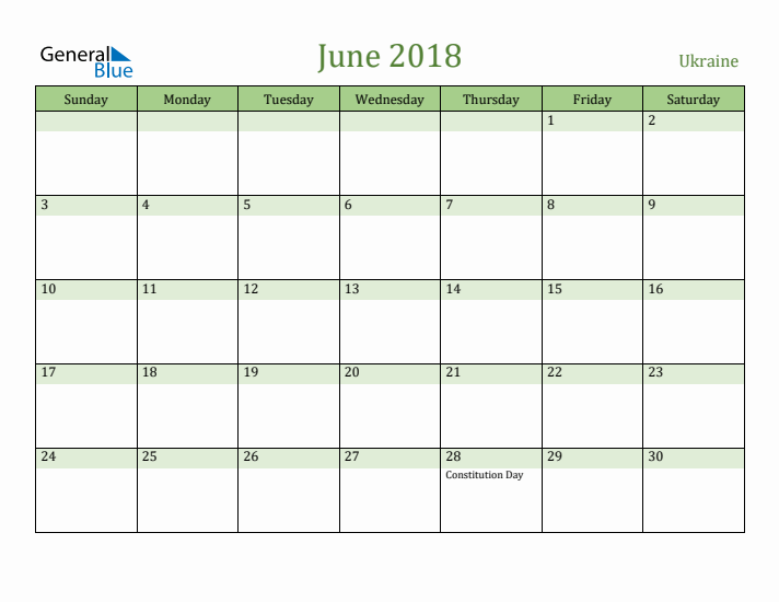 June 2018 Calendar with Ukraine Holidays