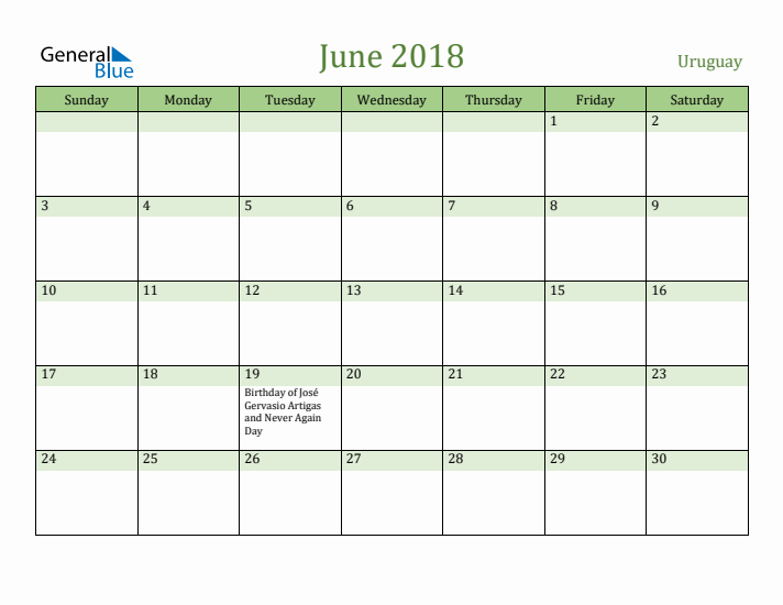 June 2018 Calendar with Uruguay Holidays