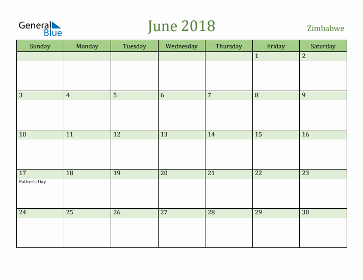 June 2018 Calendar with Zimbabwe Holidays