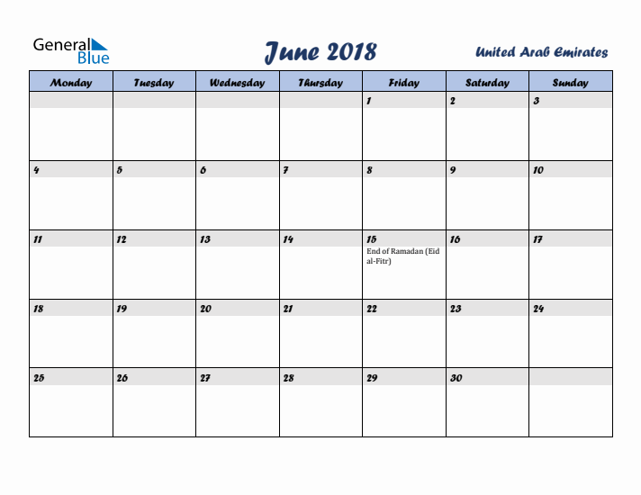 June 2018 Calendar with Holidays in United Arab Emirates