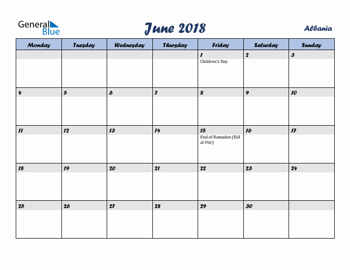 June 2018 Calendar with Holidays in Albania