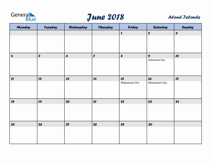 June 2018 Calendar with Holidays in Aland Islands