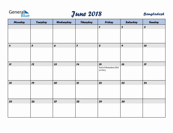 June 2018 Calendar with Holidays in Bangladesh