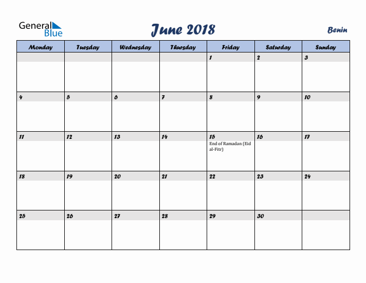 June 2018 Calendar with Holidays in Benin