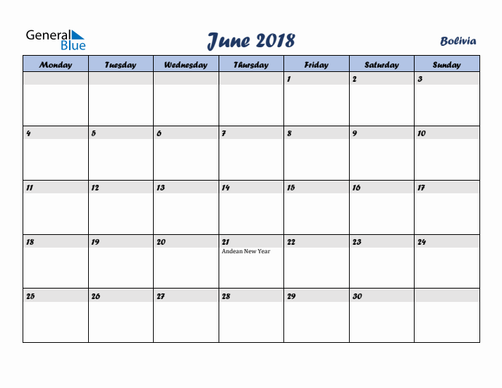 June 2018 Calendar with Holidays in Bolivia