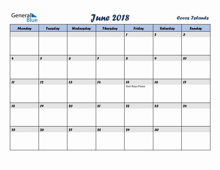 June 2018 Calendar with Holidays in Cocos Islands