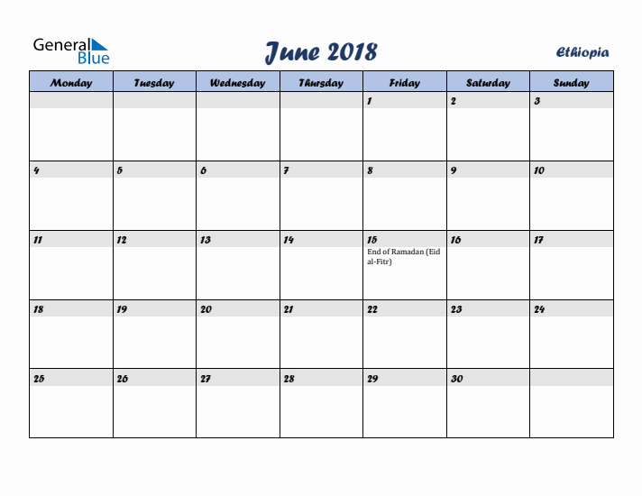 June 2018 Calendar with Holidays in Ethiopia