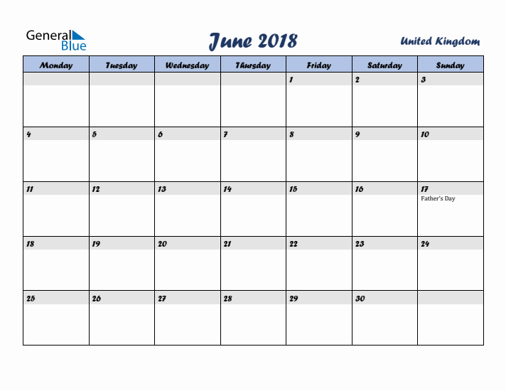 June 2018 Calendar with Holidays in United Kingdom