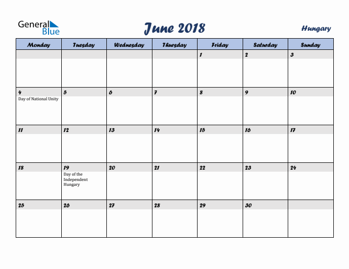 June 2018 Calendar with Holidays in Hungary