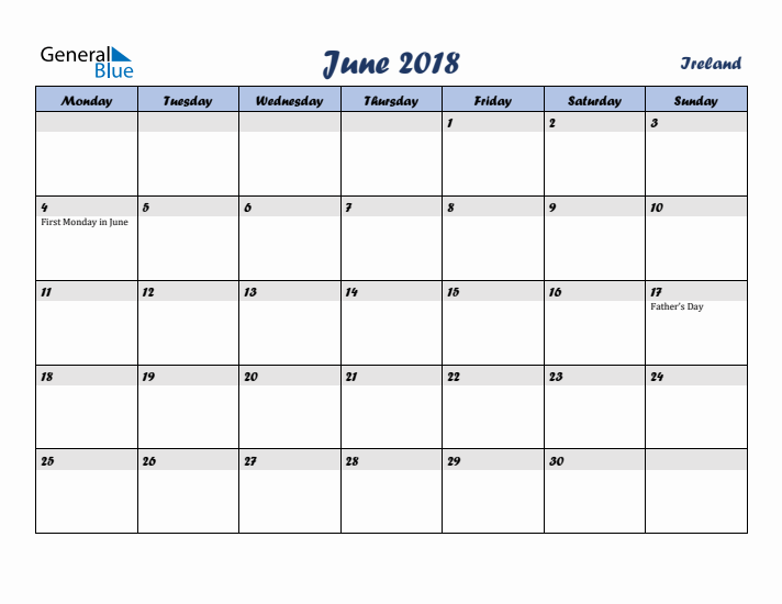 June 2018 Calendar with Holidays in Ireland