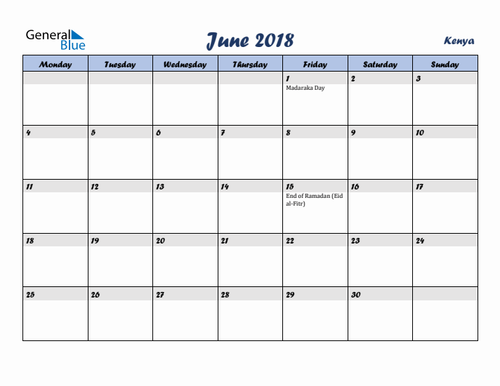 June 2018 Calendar with Holidays in Kenya