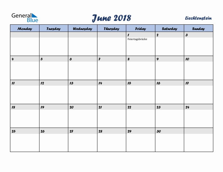 June 2018 Calendar with Holidays in Liechtenstein