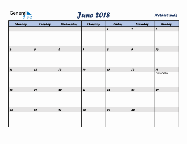 June 2018 Calendar with Holidays in The Netherlands