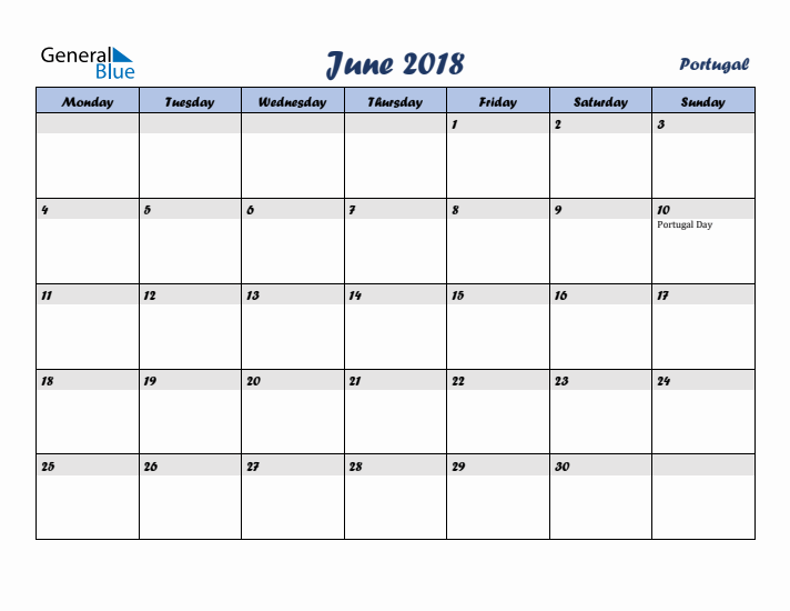 June 2018 Calendar with Holidays in Portugal