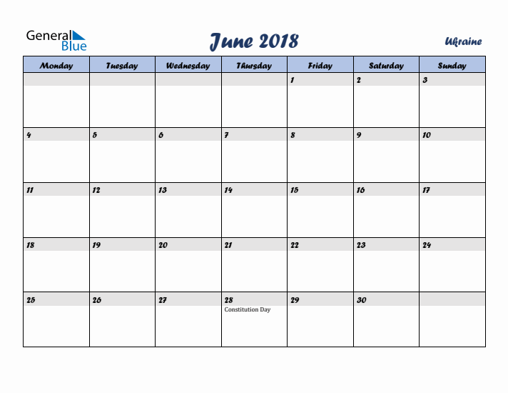 June 2018 Calendar with Holidays in Ukraine