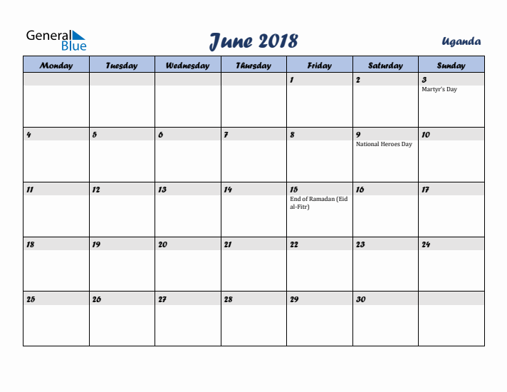 June 2018 Calendar with Holidays in Uganda