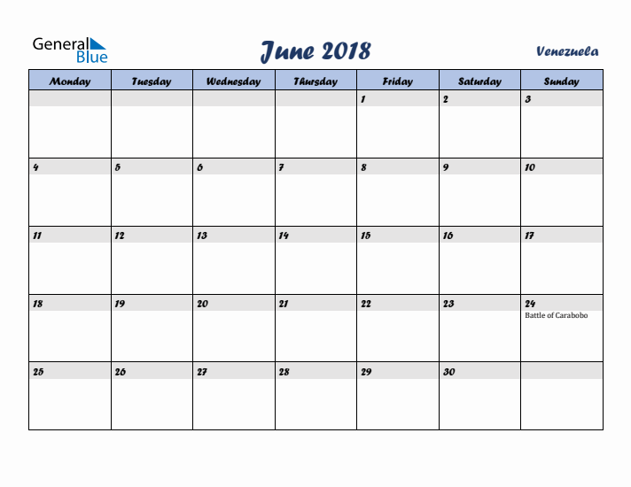 June 2018 Calendar with Holidays in Venezuela