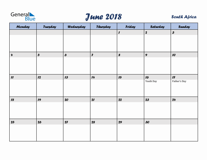 June 2018 Calendar with Holidays in South Africa