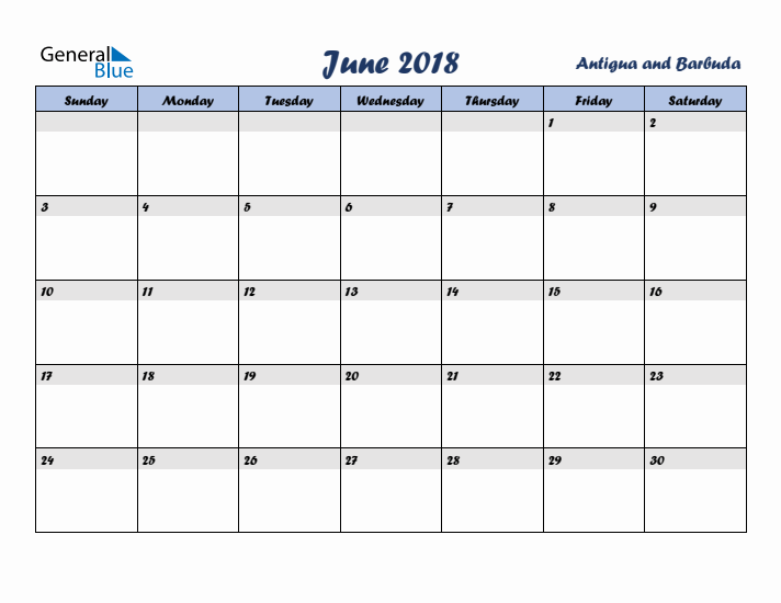 June 2018 Calendar with Holidays in Antigua and Barbuda