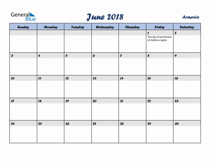 June 2018 Calendar with Holidays in Armenia