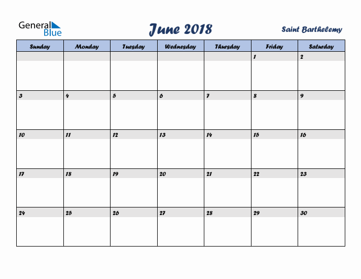 June 2018 Calendar with Holidays in Saint Barthelemy