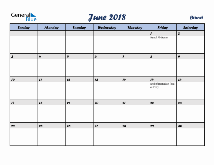 June 2018 Calendar with Holidays in Brunei