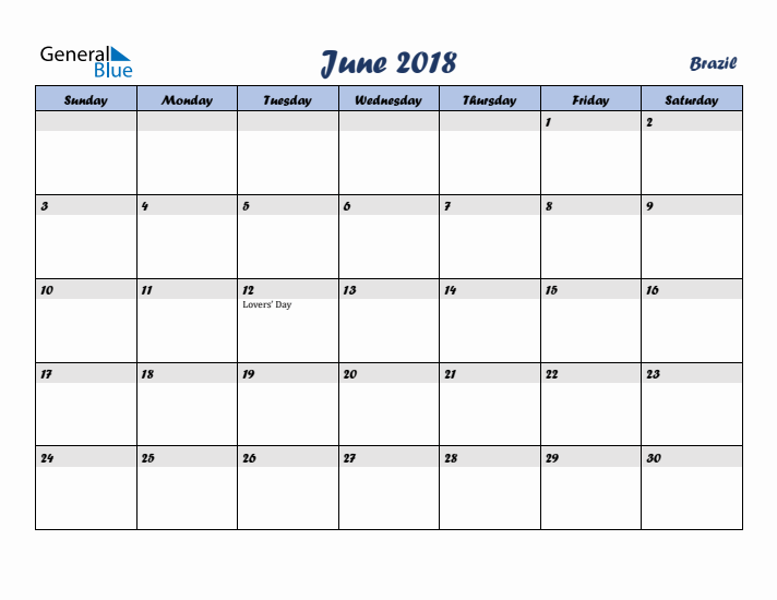 June 2018 Calendar with Holidays in Brazil