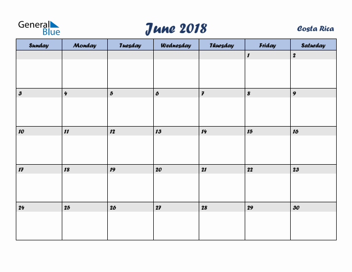 June 2018 Calendar with Holidays in Costa Rica