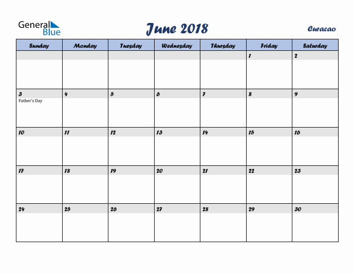 June 2018 Calendar with Holidays in Curacao