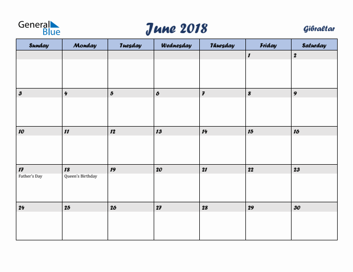 June 2018 Calendar with Holidays in Gibraltar