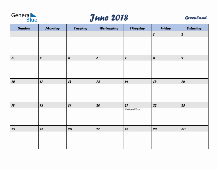 June 2018 Calendar with Holidays in Greenland