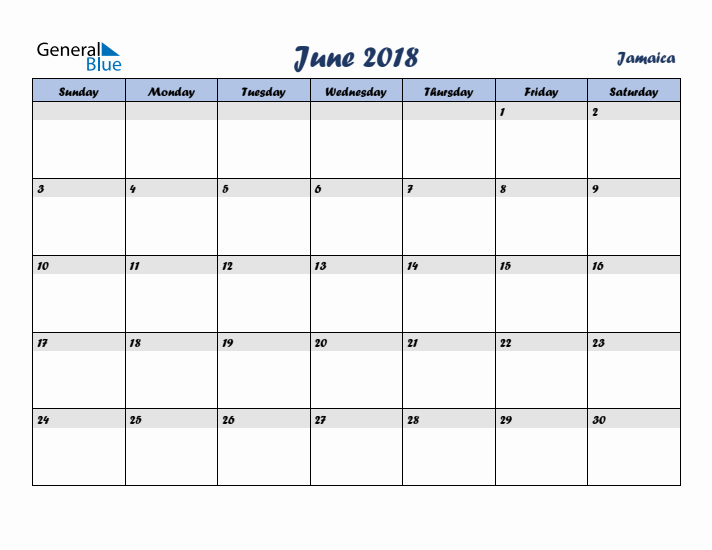 June 2018 Calendar with Holidays in Jamaica