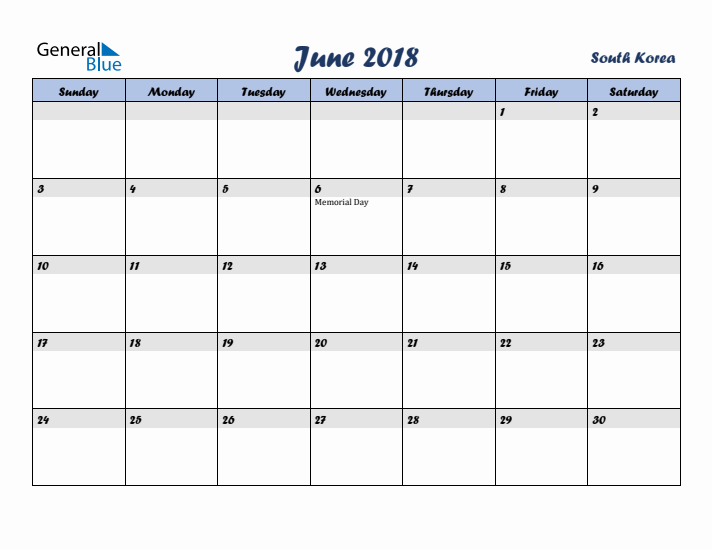 June 2018 Calendar with Holidays in South Korea