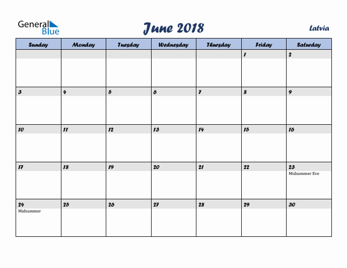 June 2018 Calendar with Holidays in Latvia