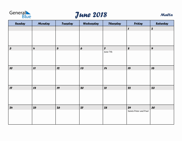 June 2018 Calendar with Holidays in Malta