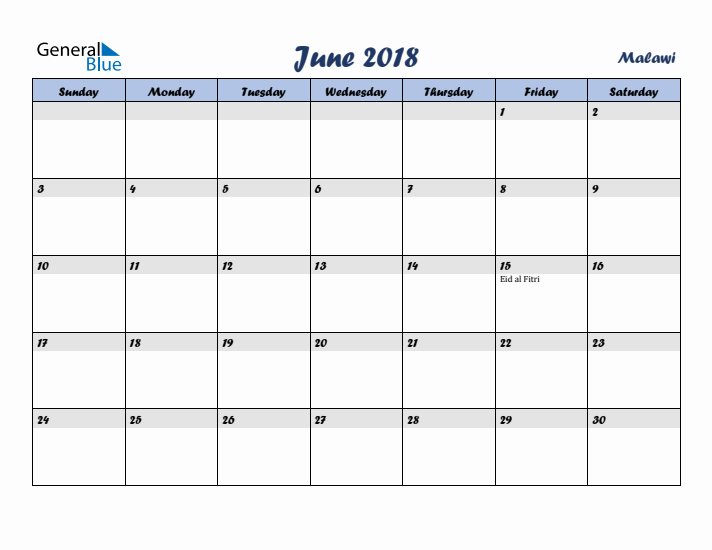 June 2018 Calendar with Holidays in Malawi