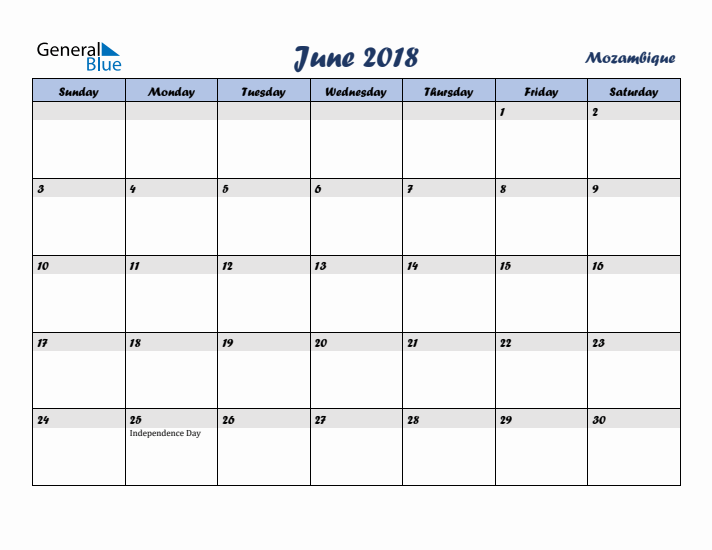 June 2018 Calendar with Holidays in Mozambique