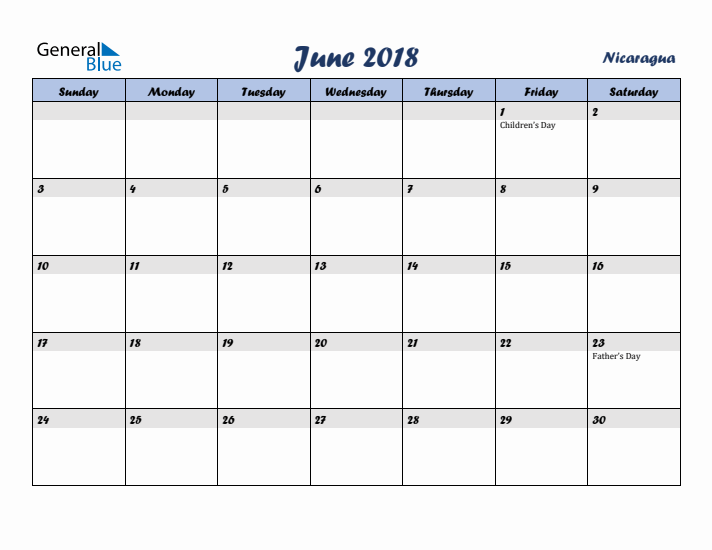 June 2018 Calendar with Holidays in Nicaragua