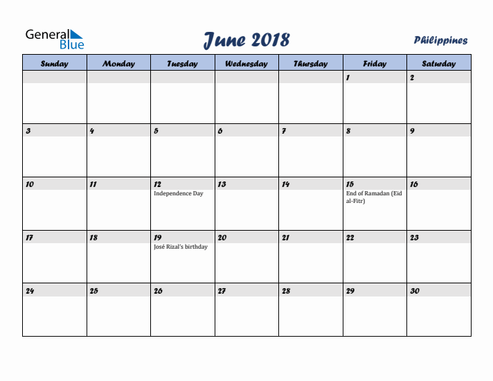 June 2018 Calendar with Holidays in Philippines