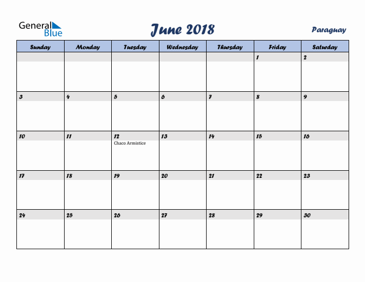 June 2018 Calendar with Holidays in Paraguay