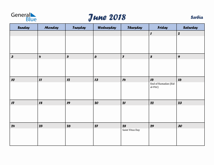 June 2018 Calendar with Holidays in Serbia